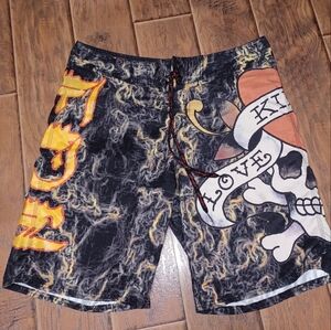 Ed Hardy Black and Orange Board Shorts with Artistic Skull